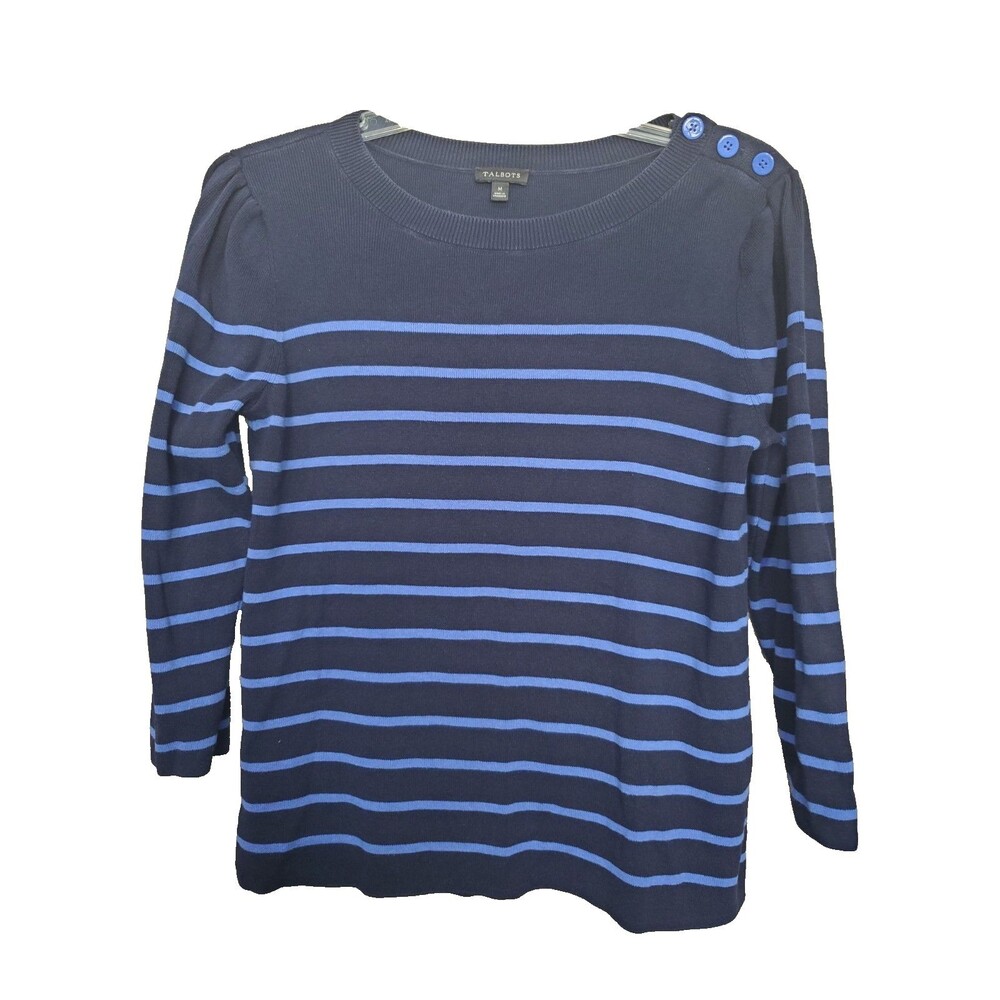 Talbots Cotton Blend Blue Button-Shoulder Striped Crew Neck Sweater Size Medium